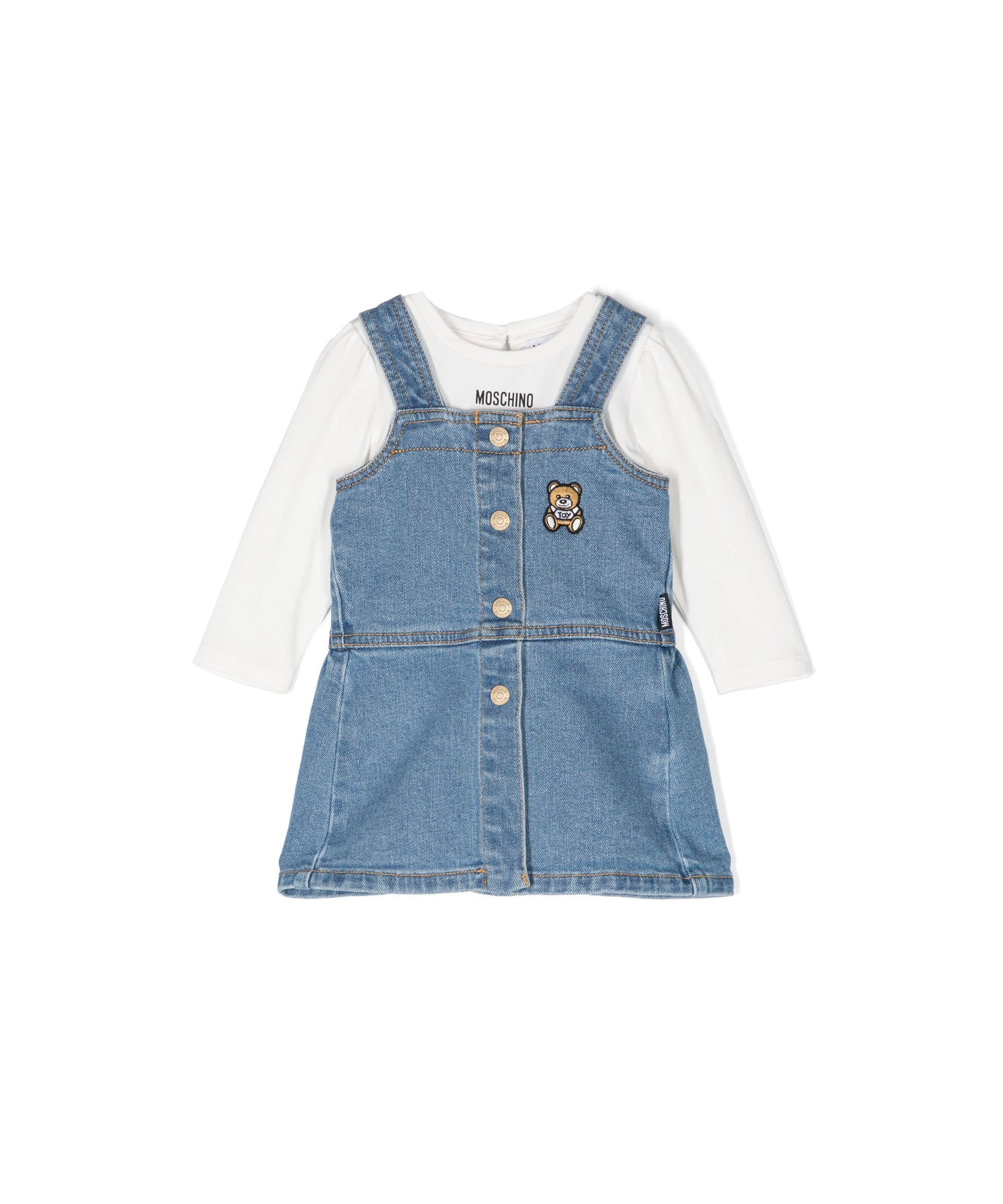 Moschino Kids Abito Denim con Teddy Bear con T-shirt Bianca per Neonate