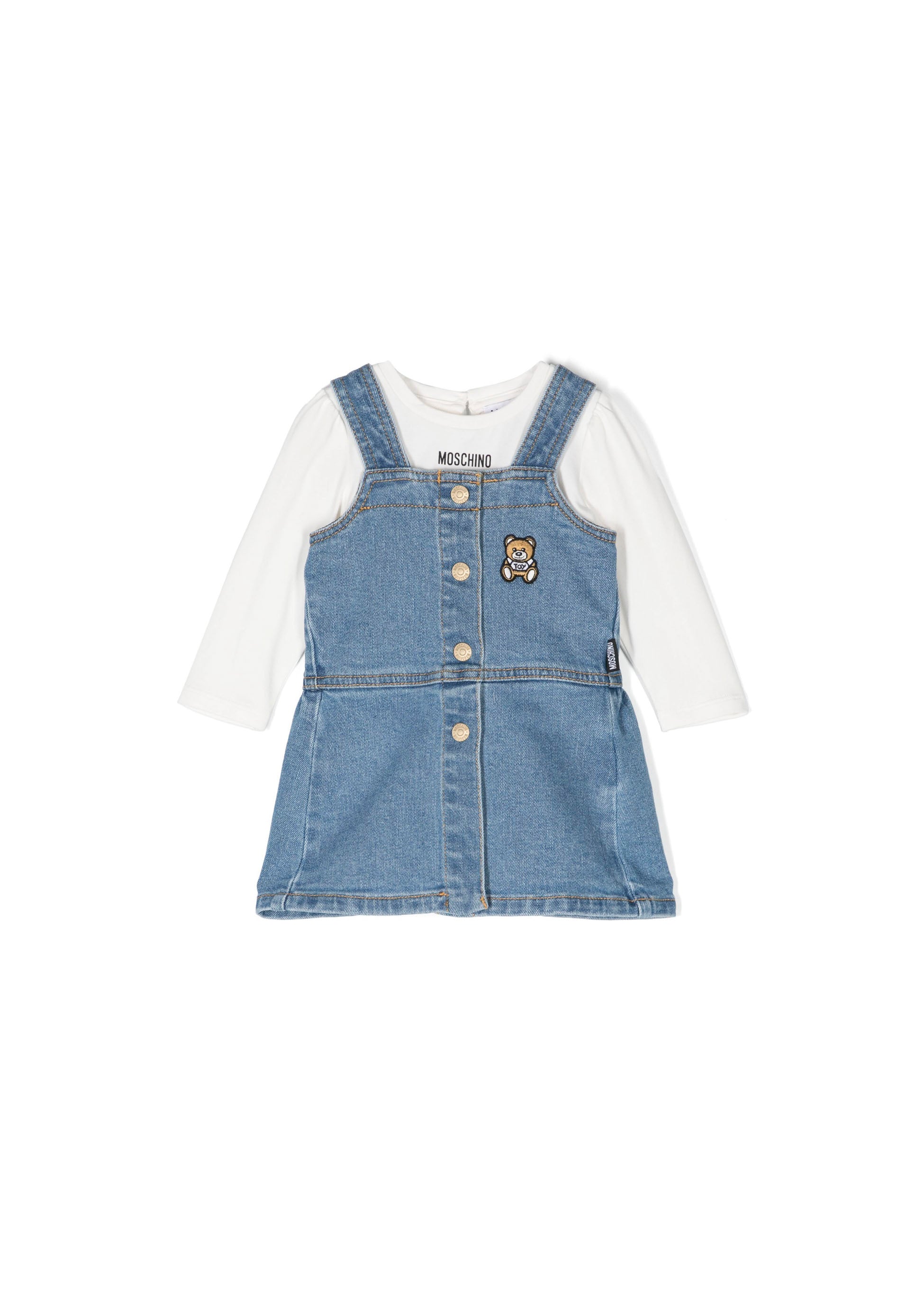 Moschino Kids Abito Denim con Teddy Bear con T-shirt Bianca per Neonate