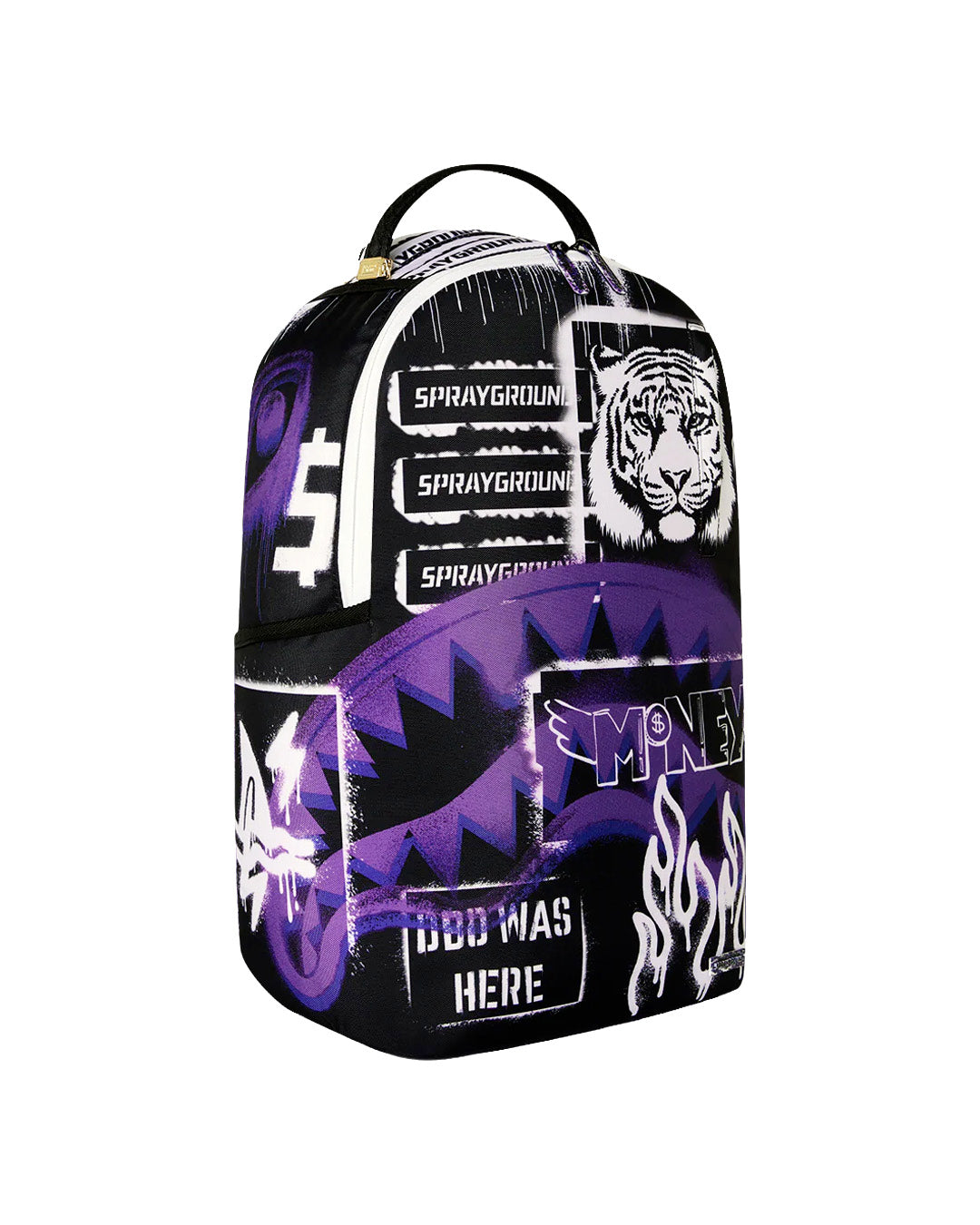 Sprayground Kids Zaino Unisex Think On It Nero e Viola con Stampa Tigre, Shark Mouth e Graffiti