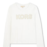 Michael Kors Kids T-Shirt Bianca Maniche Lunghe con Logo Strass a Contrasto per Bambine