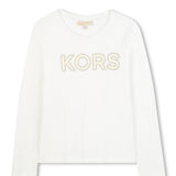 Michael Kors Kids T-Shirt Bianca Maniche Lunghe con Logo Strass a Contrasto per Bambine