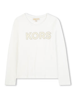 Michael Kors Kids T-Shirt Bianca Maniche Lunghe con Logo Strass a Contrasto per Bambine