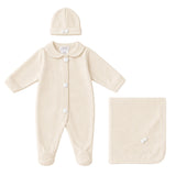Deolinda Kids Set 3 pezzi Beige Chiaro Tutina Cappellino e Coperta con Bombon per Neonate