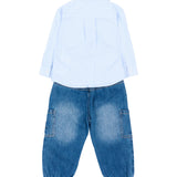 Moschino Kids Camicia Celeste a Righe+Pantalone in Denim con Logo Teddy per Neonati