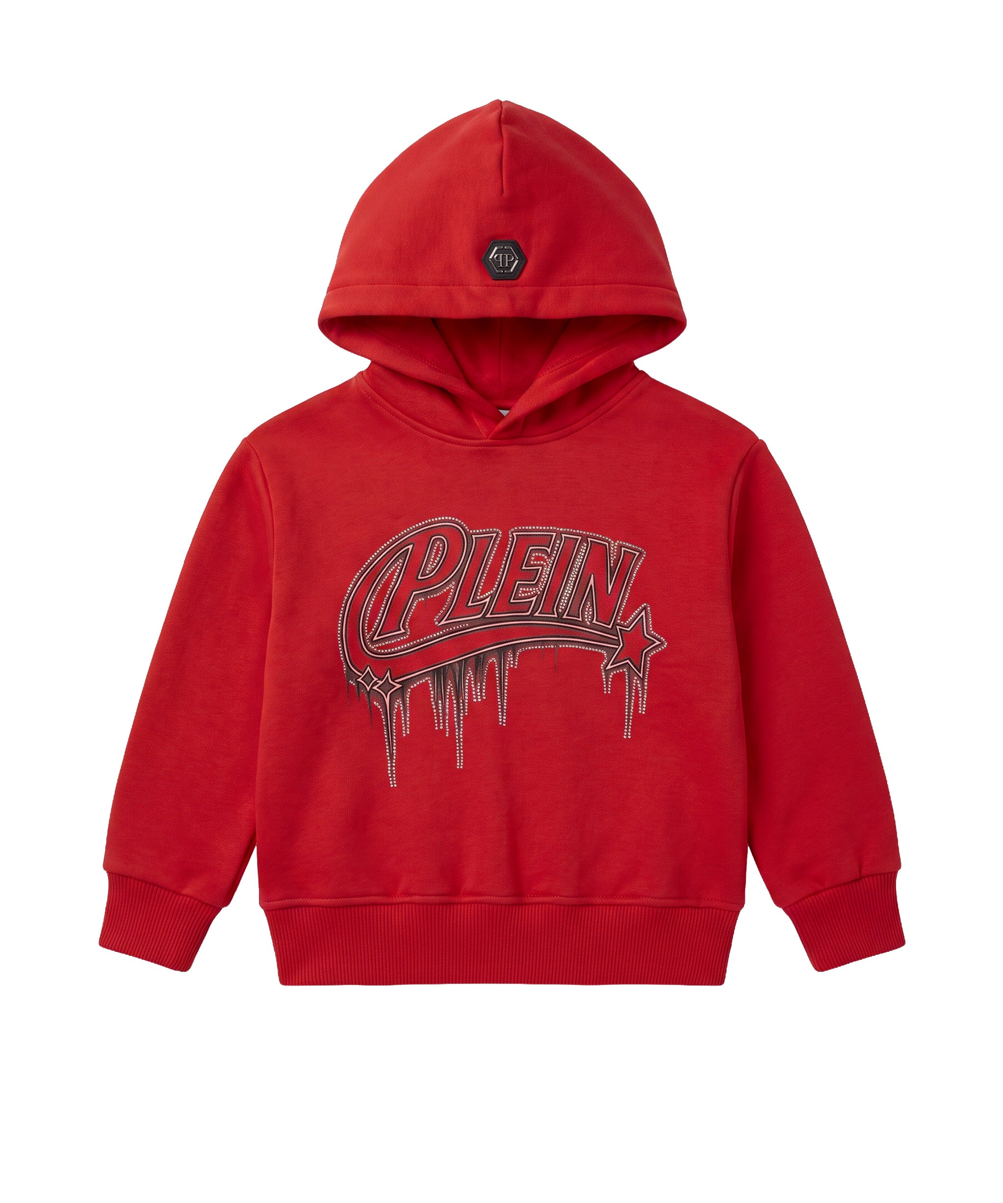 Philipp Plein Kids Felpa Unisex con Cappuccio Rossa con Logo Strass e Stella per Bambini