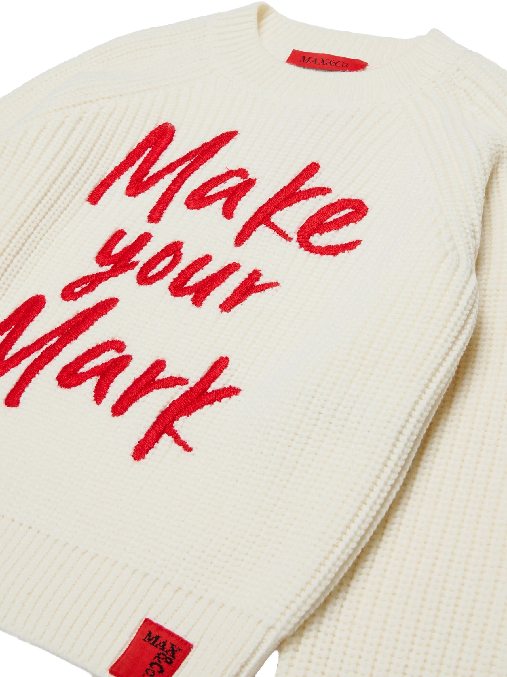 MAX&Co. Kids Maglione a Coste Panna con Scritta Rossa Make Your Mark Ricamata per Bambine