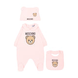 Moschino Kids Set Nascita Rosa con Tutina, Cappellino e Bavaglino con Stampa Teddy Bear e Logo per Neonate