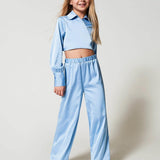 Twinset Kids Camicia con Pantaloni Azzurri in Raso per Bambine