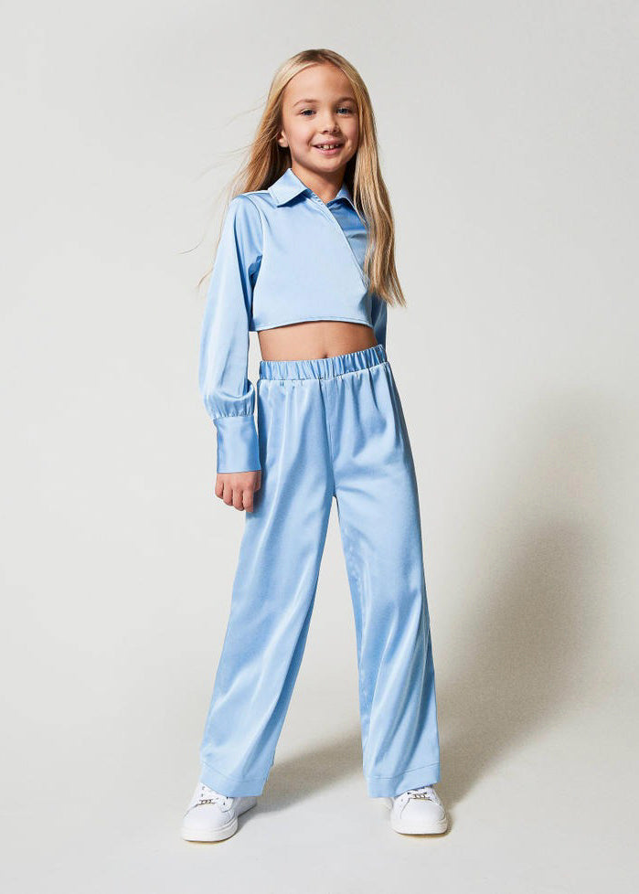 Twinset Kids Camicia con Pantaloni Azzurri in Raso per Bambine