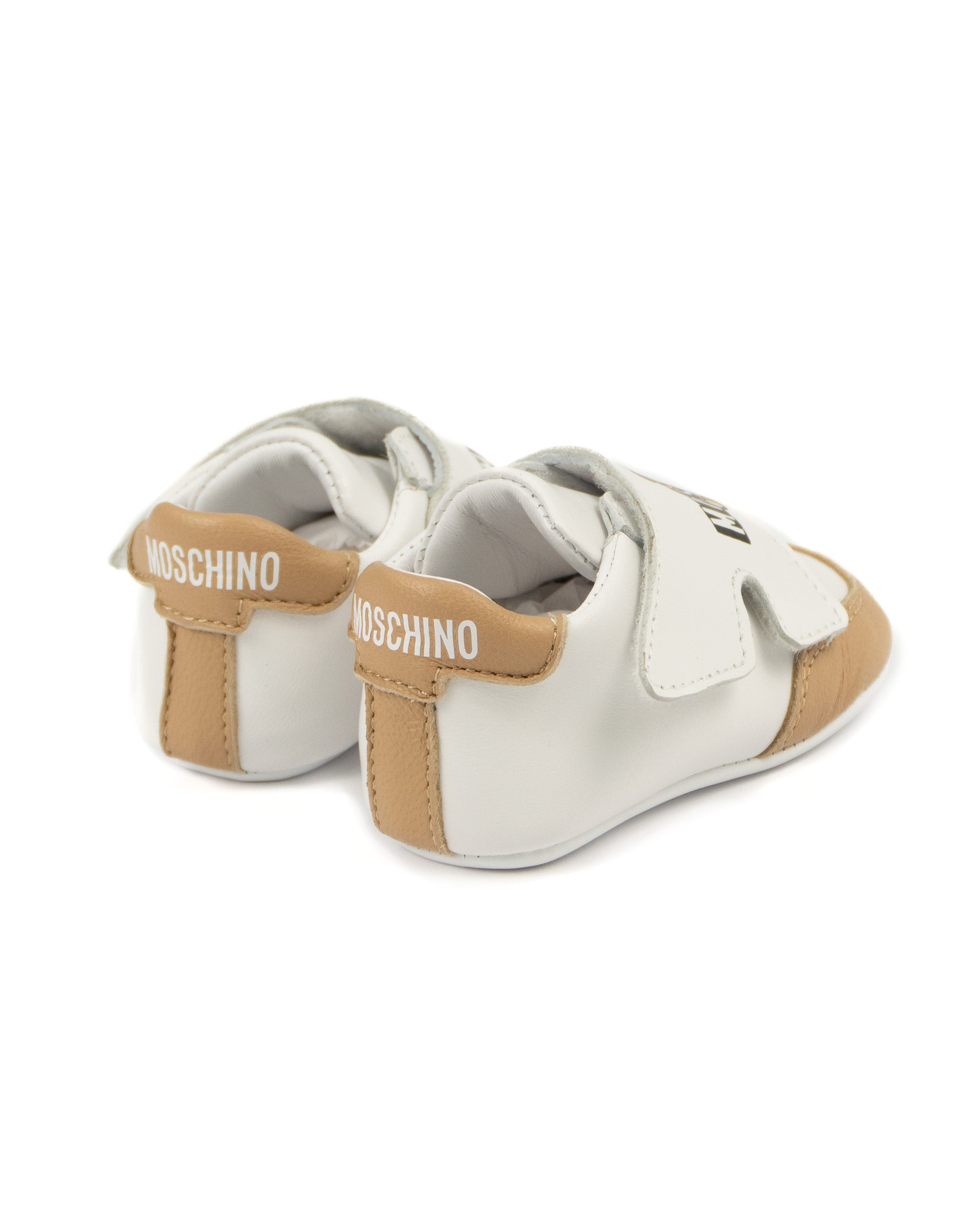 Moschino Kids Sneakers Bianco e Biscotto con Logo per Neonati