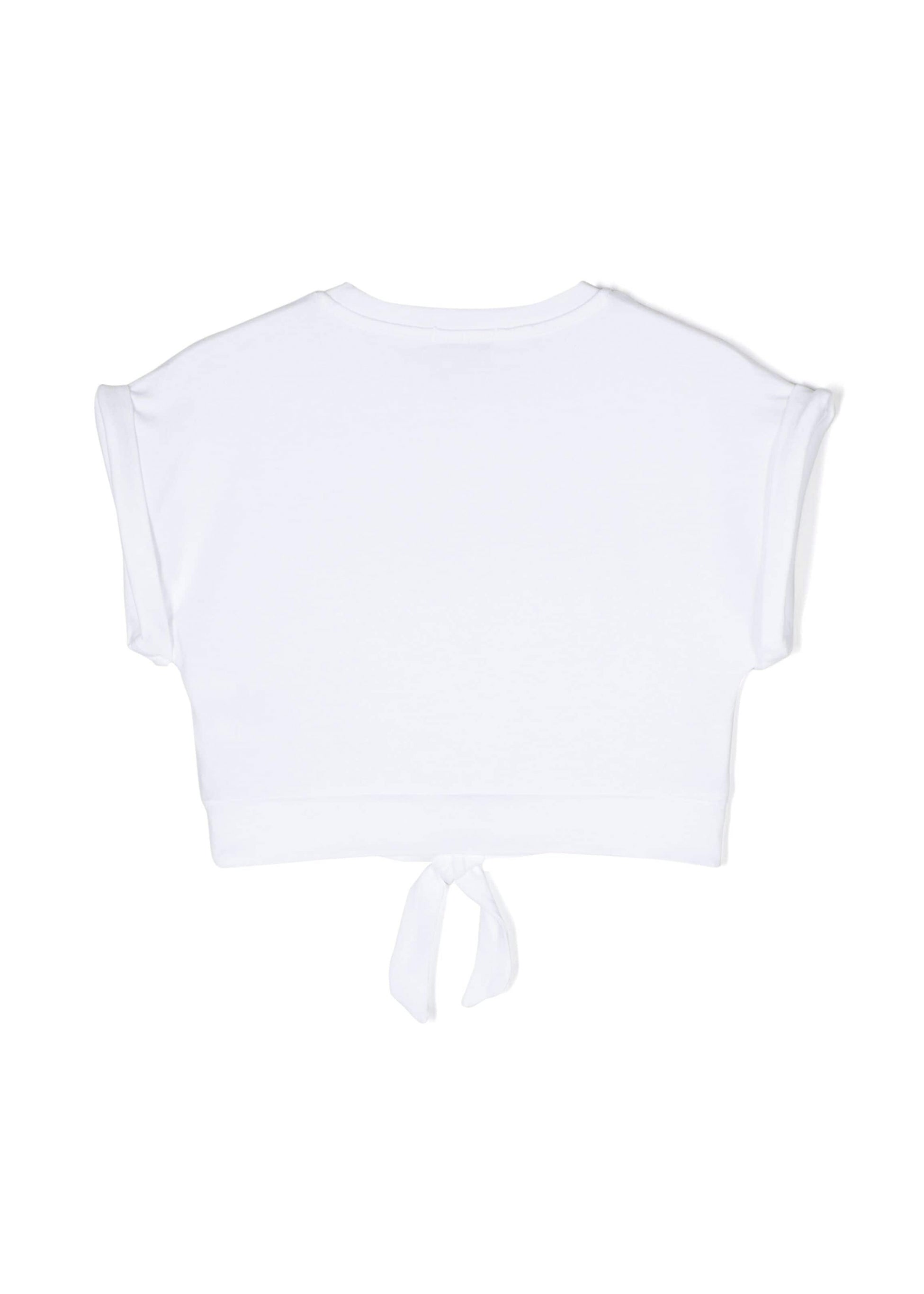 Pinko Kids T-shirt Crop Bianca con Fiocco e Strass 