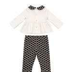 Elisabetta Franchi La Mia Bambina Completo Avorio e Nero con Blusa Peplum, Colletto alla Peter Pan Logo Monogram, Fibbie Ricamate e Leggings Stampa Logo All-Over per Neonate
