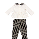 Elisabetta Franchi La Mia Bambina Completo Avorio e Nero con Blusa Peplum, Colletto alla Peter Pan Logo Monogram, Fibbie Ricamate e Leggings Stampa Logo All-Over per Neonate