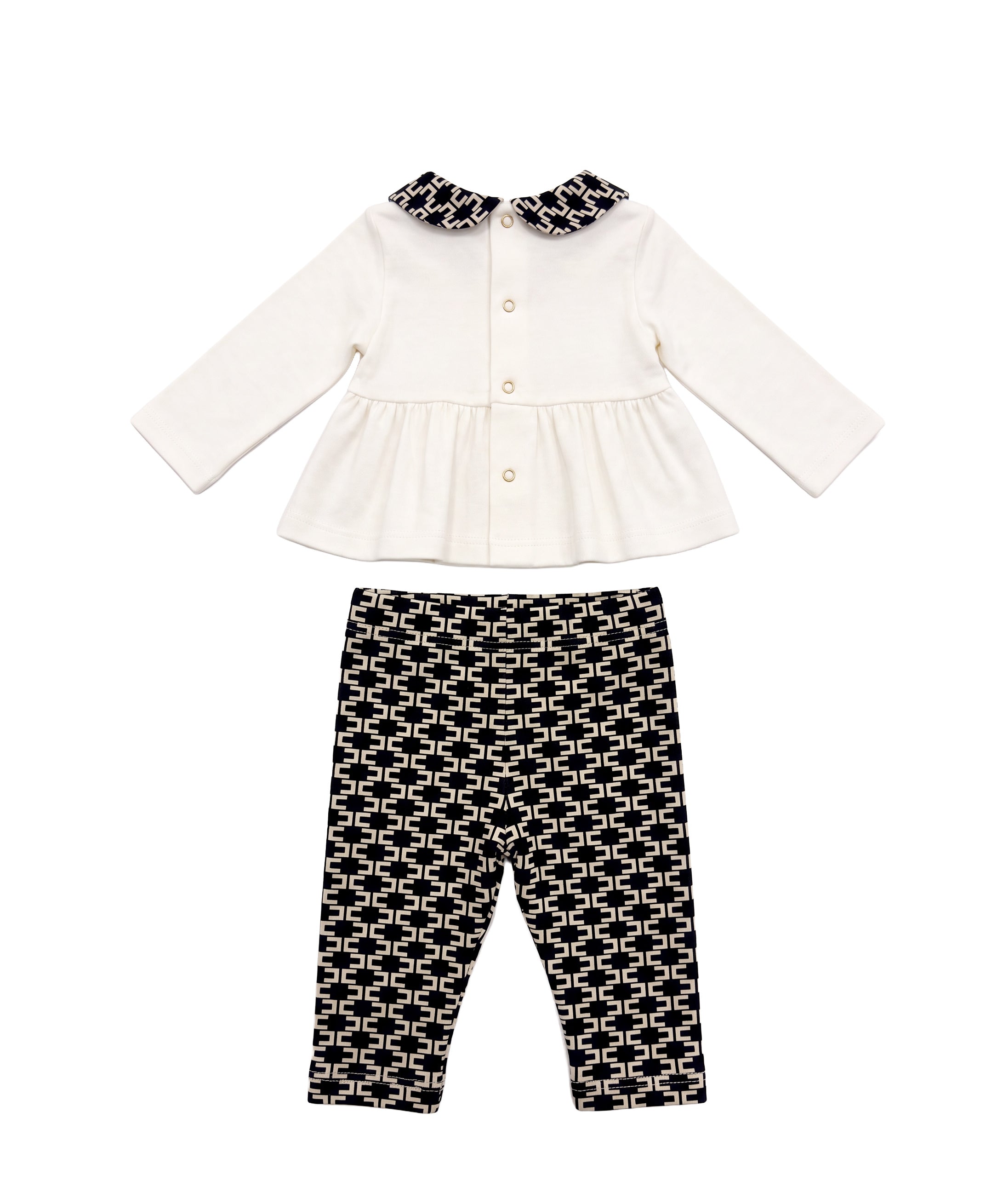 Elisabetta Franchi La Mia Bambina Completo Avorio e Nero con Blusa Peplum, Colletto alla Peter Pan Logo Monogram, Fibbie Ricamate e Leggings Stampa Logo All-Over per Neonate