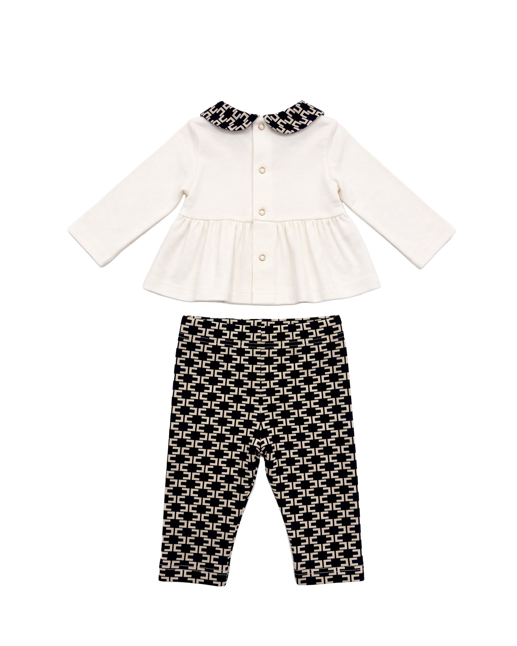 Elisabetta Franchi La Mia Bambina Completo Avorio e Nero con Blusa Peplum, Colletto alla Peter Pan Logo Monogram, Fibbie Ricamate e Leggings Stampa Logo All-Over per Neonate