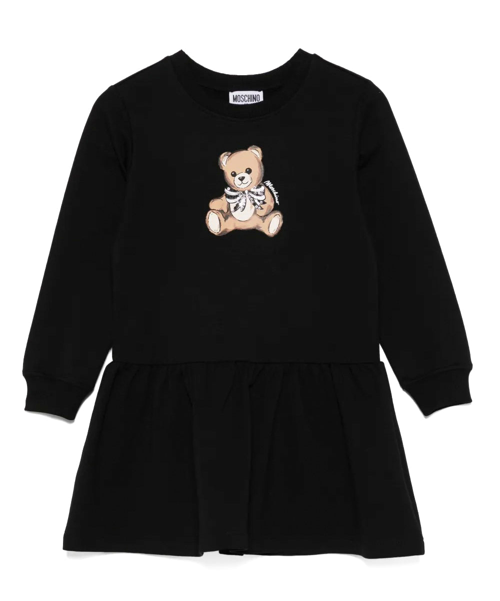Abito felpa nero Moschino per bambina con orsetto Teddy. In cotone felpato, comodo e di tendenza. Perfetto per look casual firmati.