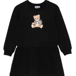 Abito felpa nero Moschino per bambina con orsetto Teddy. In cotone felpato, comodo e di tendenza. Perfetto per look casual firmati.