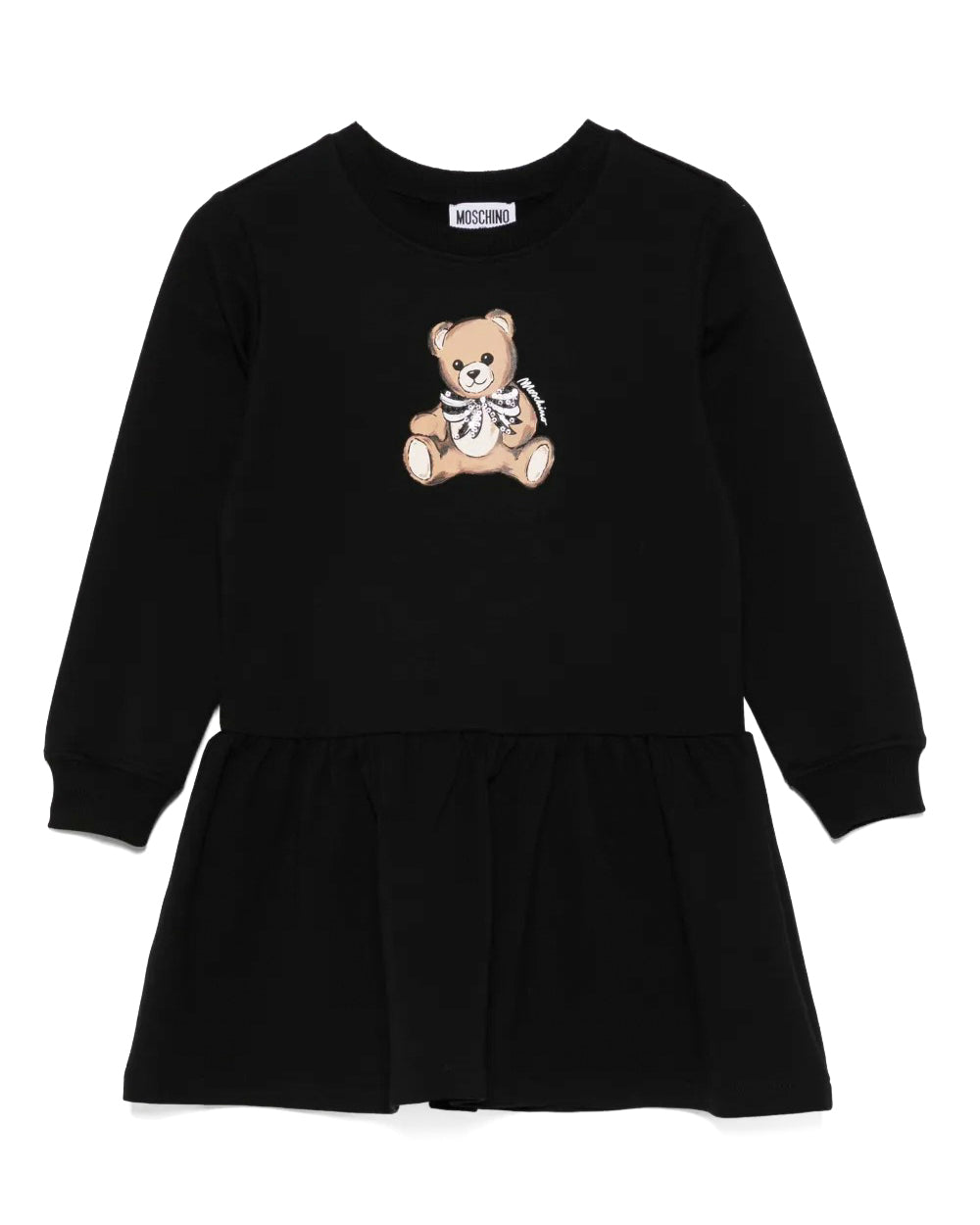 Abito felpa nero Moschino per bambina con orsetto Teddy. In cotone felpato, comodo e di tendenza. Perfetto per look casual firmati.