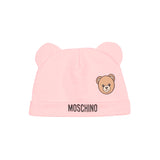 Moschino Kids Set Cappello e Bavetta Rosa con Stampa Logo Teddy per Neonate