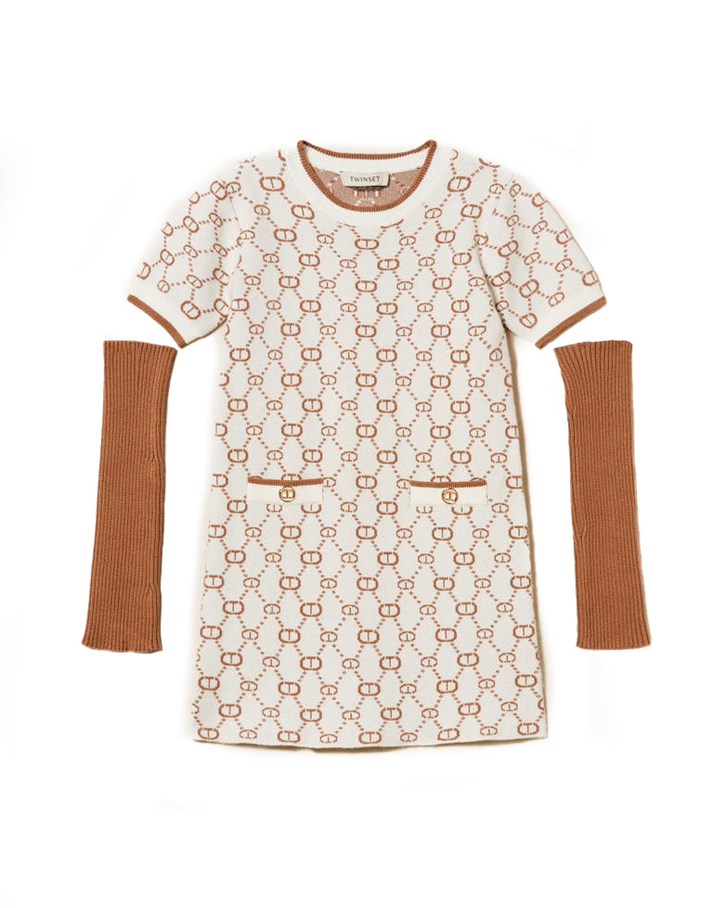 Twinset Kids Abito Corto in Maglia Jacquard con Manicotti per Bambine