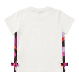 Emilio Pucci Kids T-Shirt Bianco con Logo e Laterali Fantasia con Fiocchi per Neonate