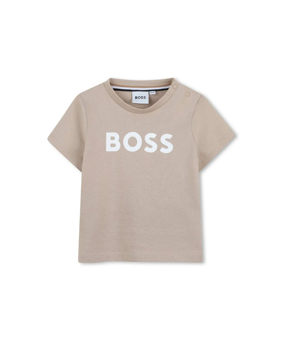 Boss Kids T-shirt Beige con Stampa per Neonati