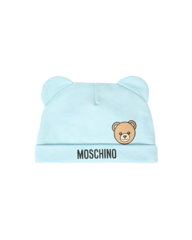 Moschino Kids Tutina con Bavetta e Cappellino Celeste con Logo per Neonati