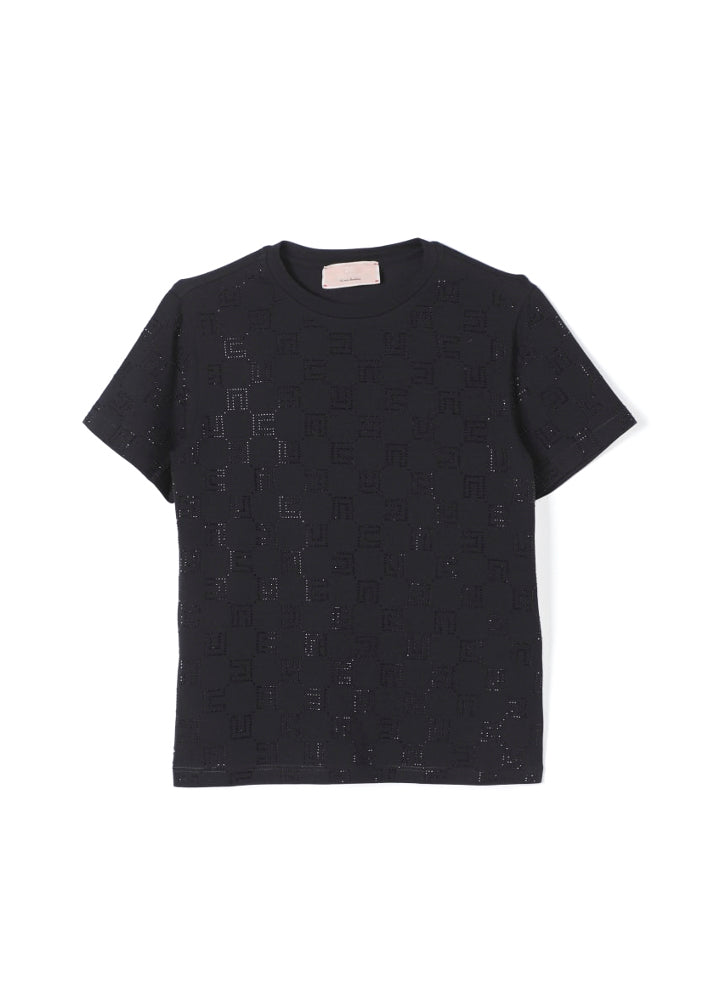 Elisabetta Franchi La Mia Bambina T-shirt Nera con Strass Logo per Bambine 