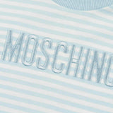 Moschino Kids Tutina Celeste a Righe con Logo per Neonati (dettaglio)