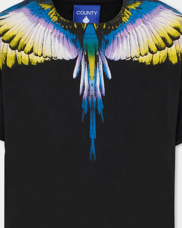 Marcelo Burlon County Of Milan Kids T-Shirt Nera Con Motivo Ali Giallo/Blu per Bambini