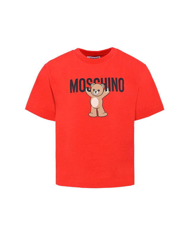 T-shirt rossa Moschino Kids con stampa Teddy Bear e logo. In morbido cotone, perfetta per look casual e divertenti. Un must per ogni stagione.


