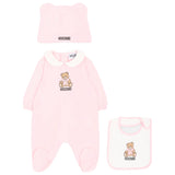 Moschino Kids Set Nascita Rosa con Tutina, Cappellino e Bavaglino con Stampa Teddy Bear Unisex