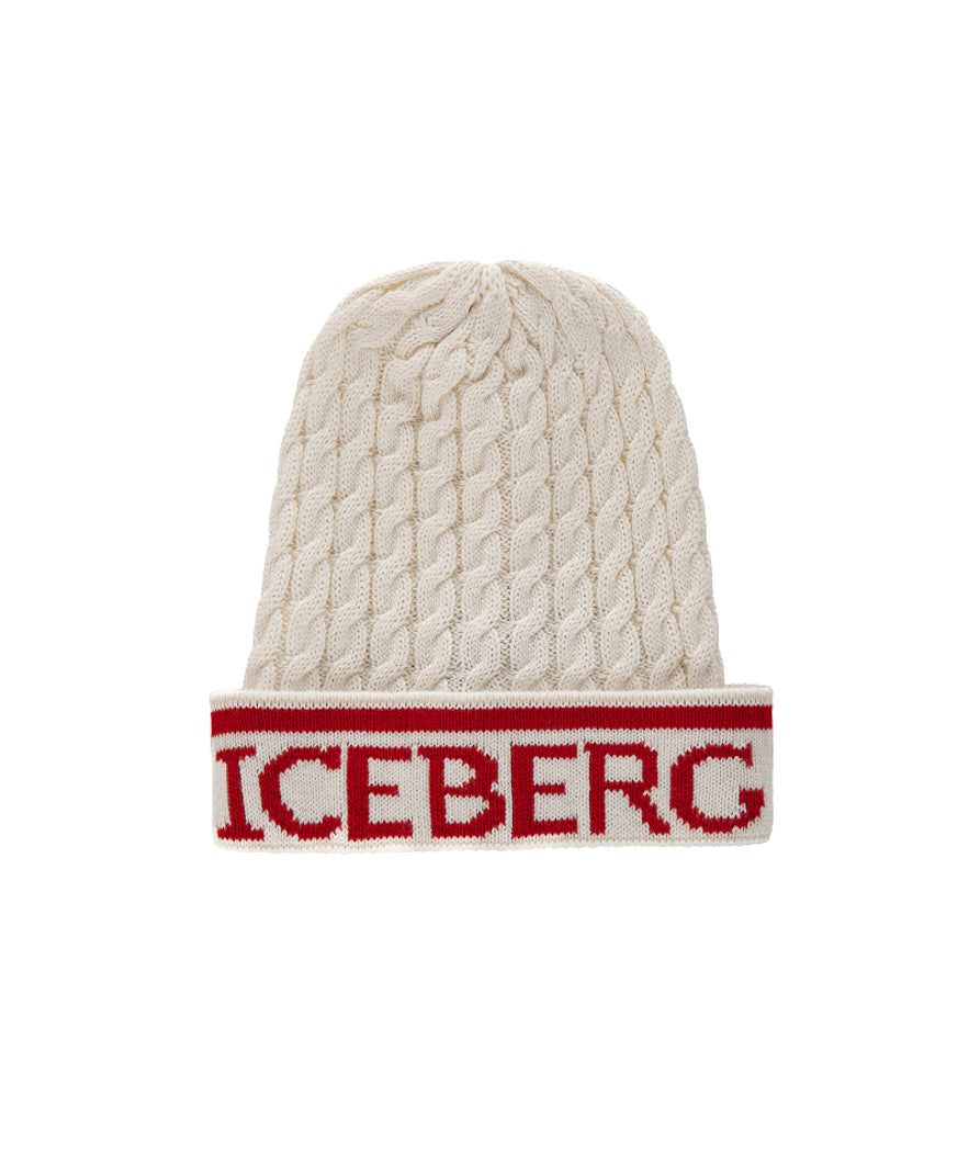Iceberg Kids Cappello Bianco in Maglia con Intarso Logo per Bambini