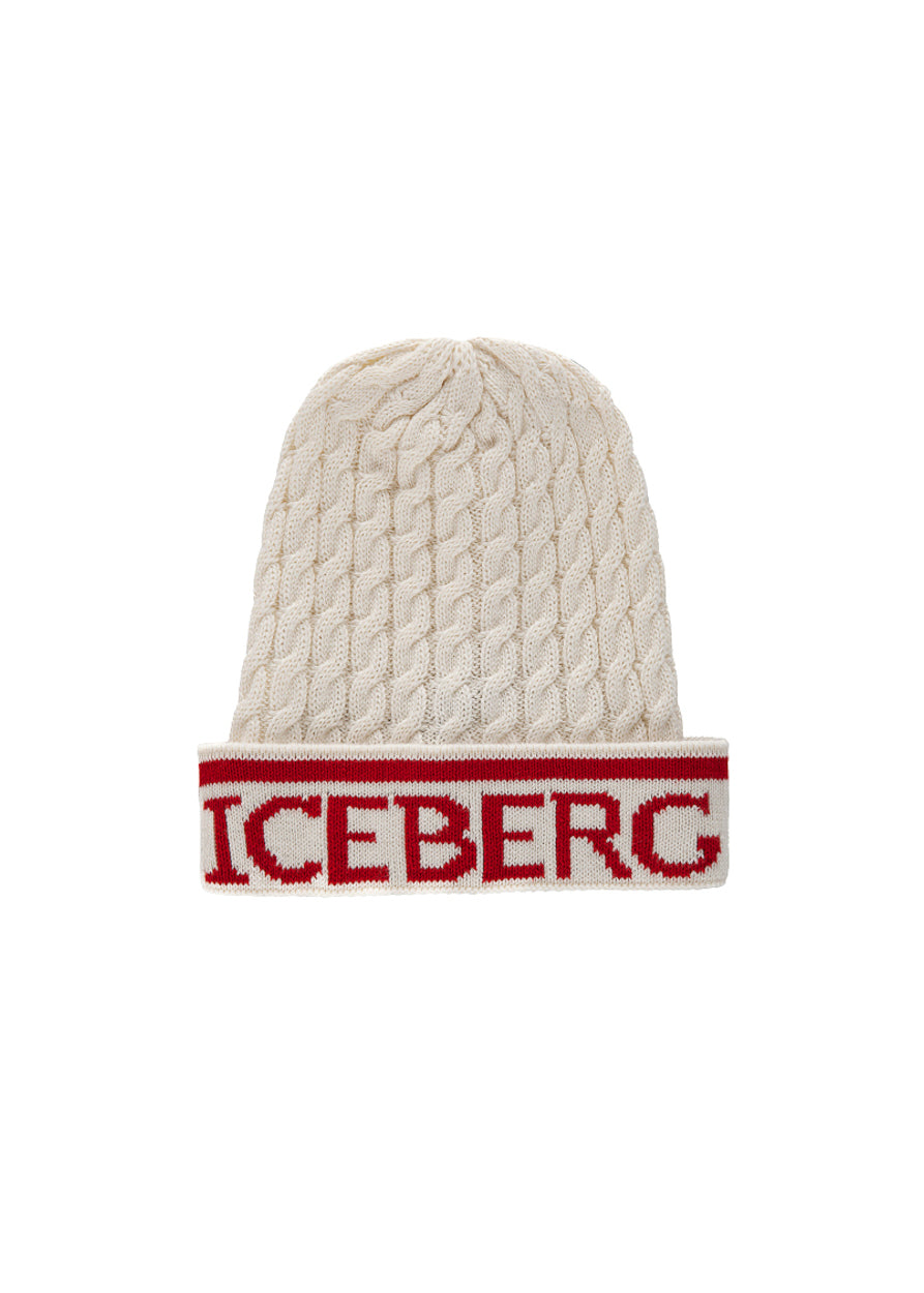 Iceberg Kids Cappello Bianco in Maglia con Intarso Logo per Bambini