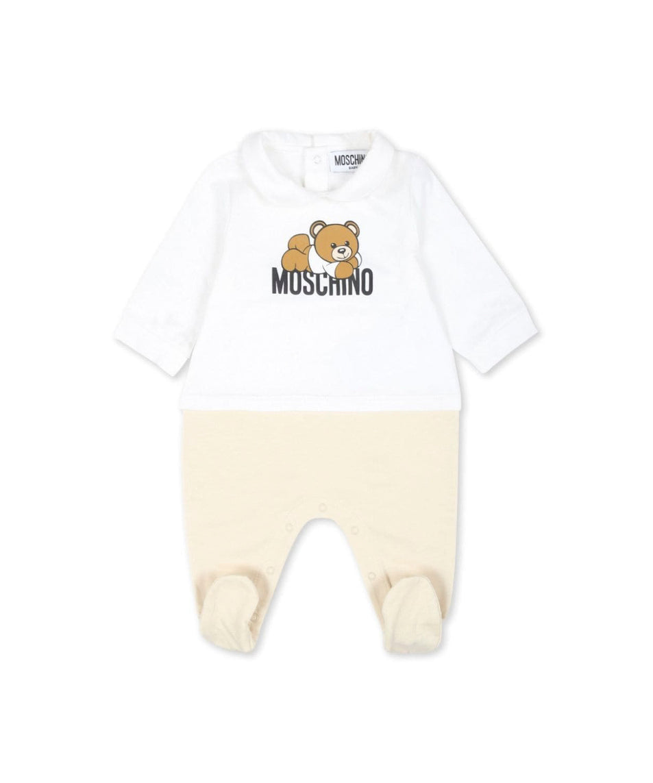 Moschino Kids Tutina Bianco/Beige con Stampa Logo per Neonati