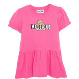 Moschino Kids Abito con Rouches Fuxia e Logo Teddy Bear per Neonate