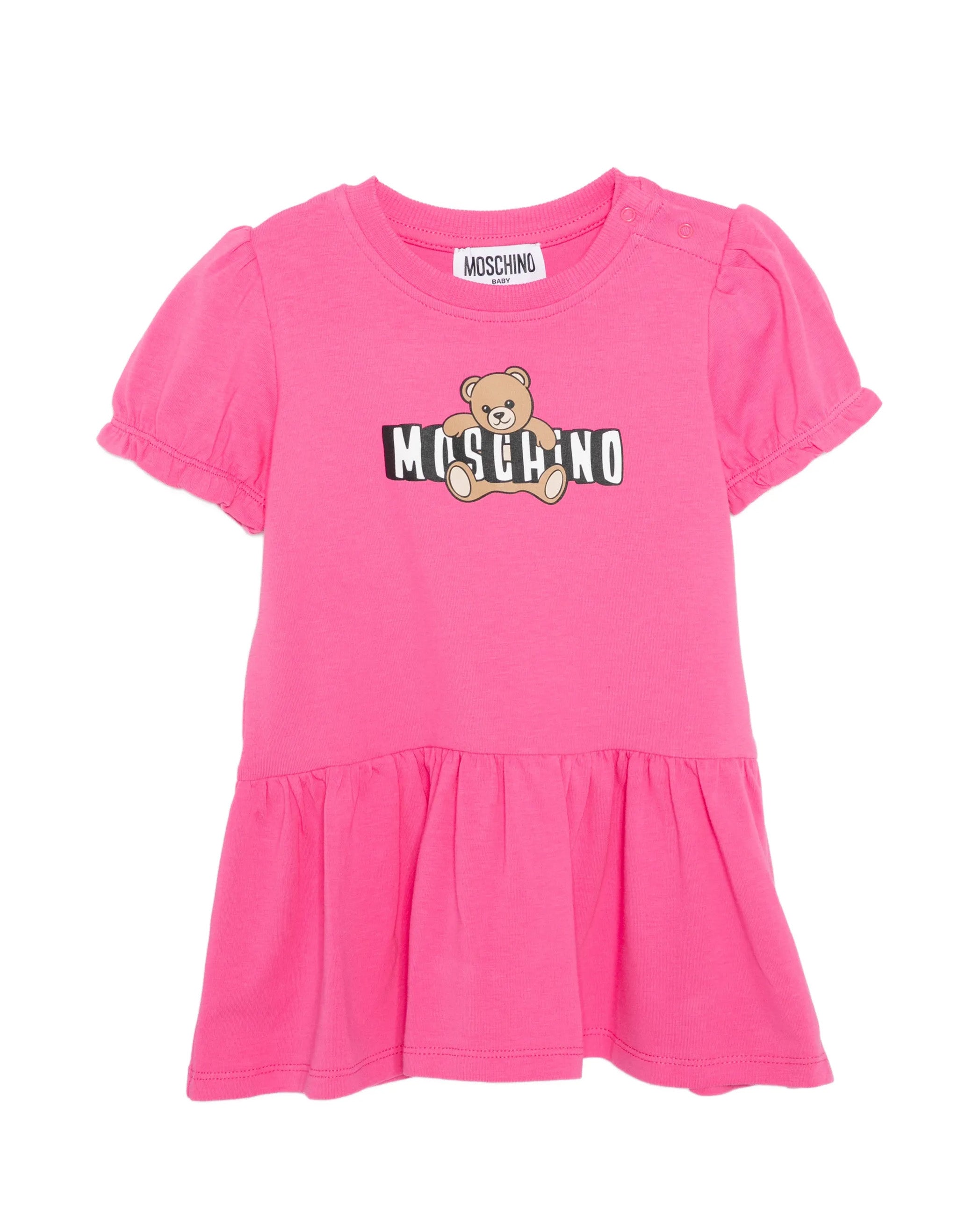 Moschino Kids Abito con Rouches Fuxia e Logo Teddy Bear per Neonate