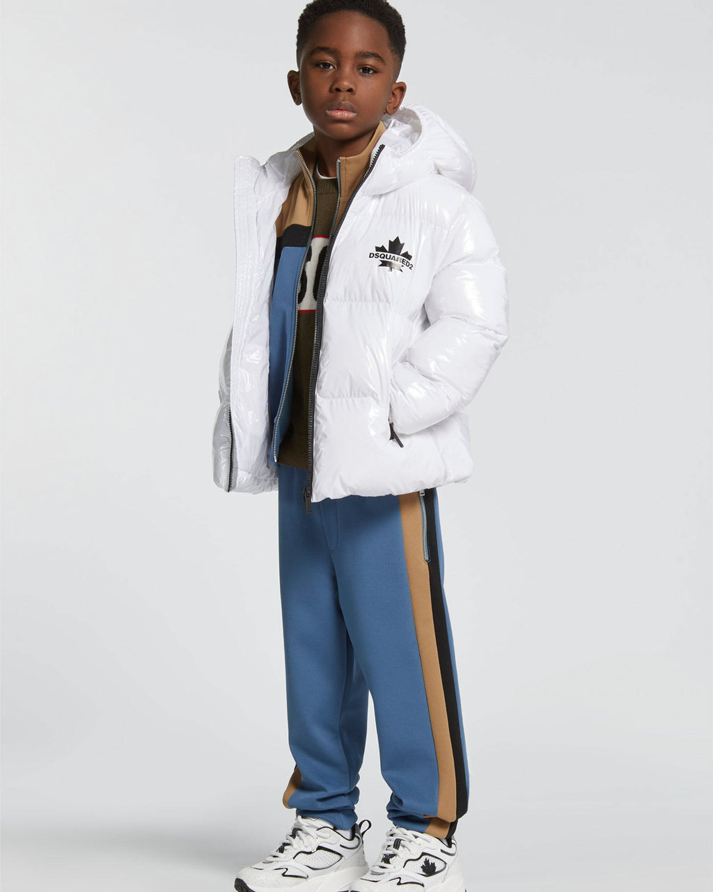 Dsquared2 Kids Giubbino Puffer Bianco con Maple Leaf per Bambini