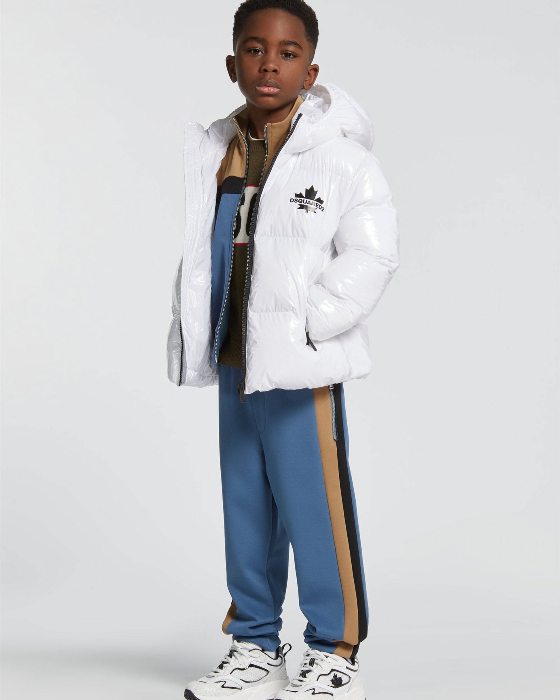 Dsquared2 Kids Giubbino Puffer Bianco con Maple Leaf per Bambini