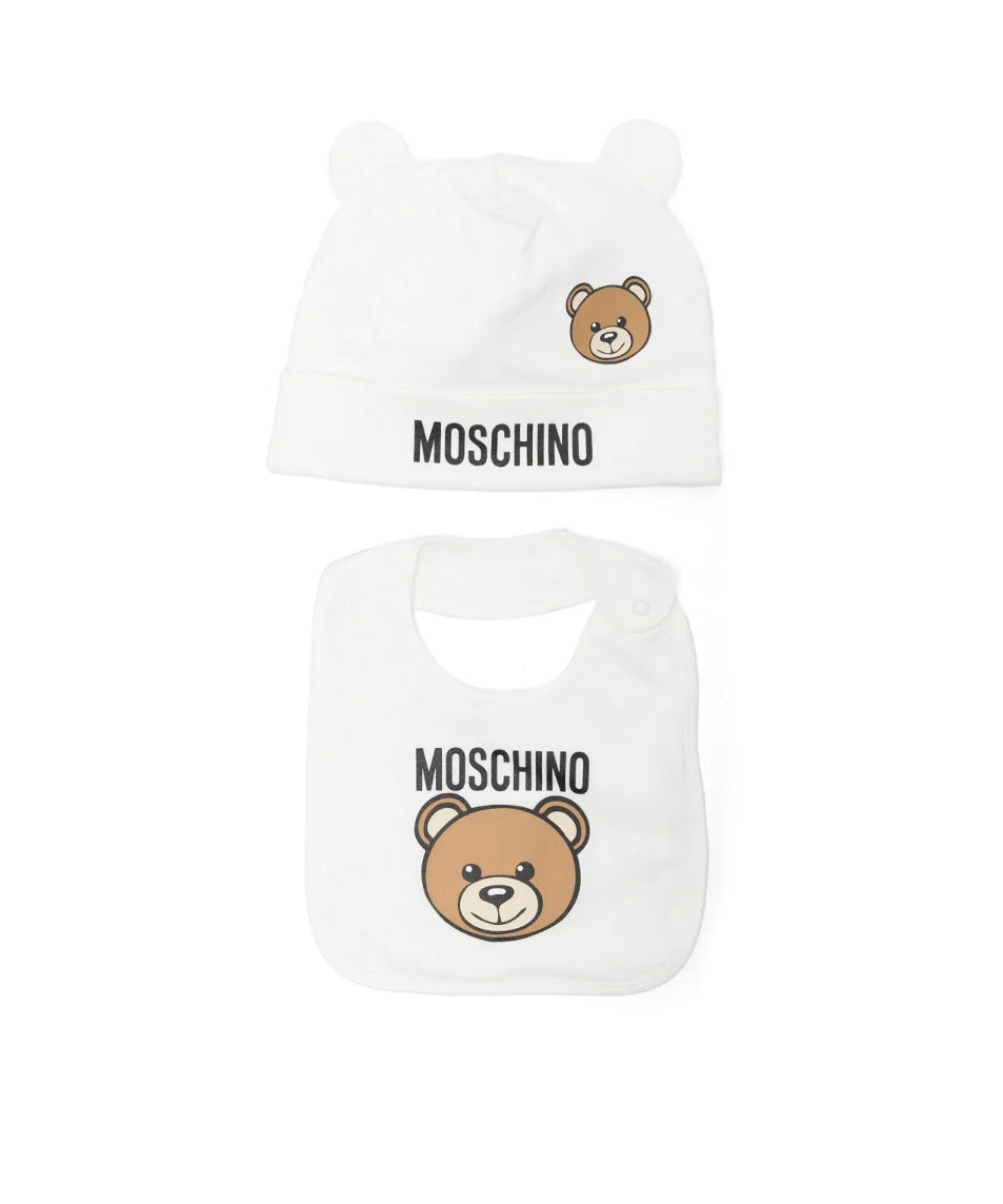 Moschino Kids Cappello con Bavetta Panna con Logo Teddy Bear per Neonati