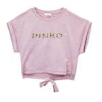 Pinko Kids T-shirt Crop Rosa con Fiocco e Strass ( fronte)
