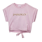 Pinko Kids T-shirt Crop Rosa con Fiocco e Strass ( fronte)
