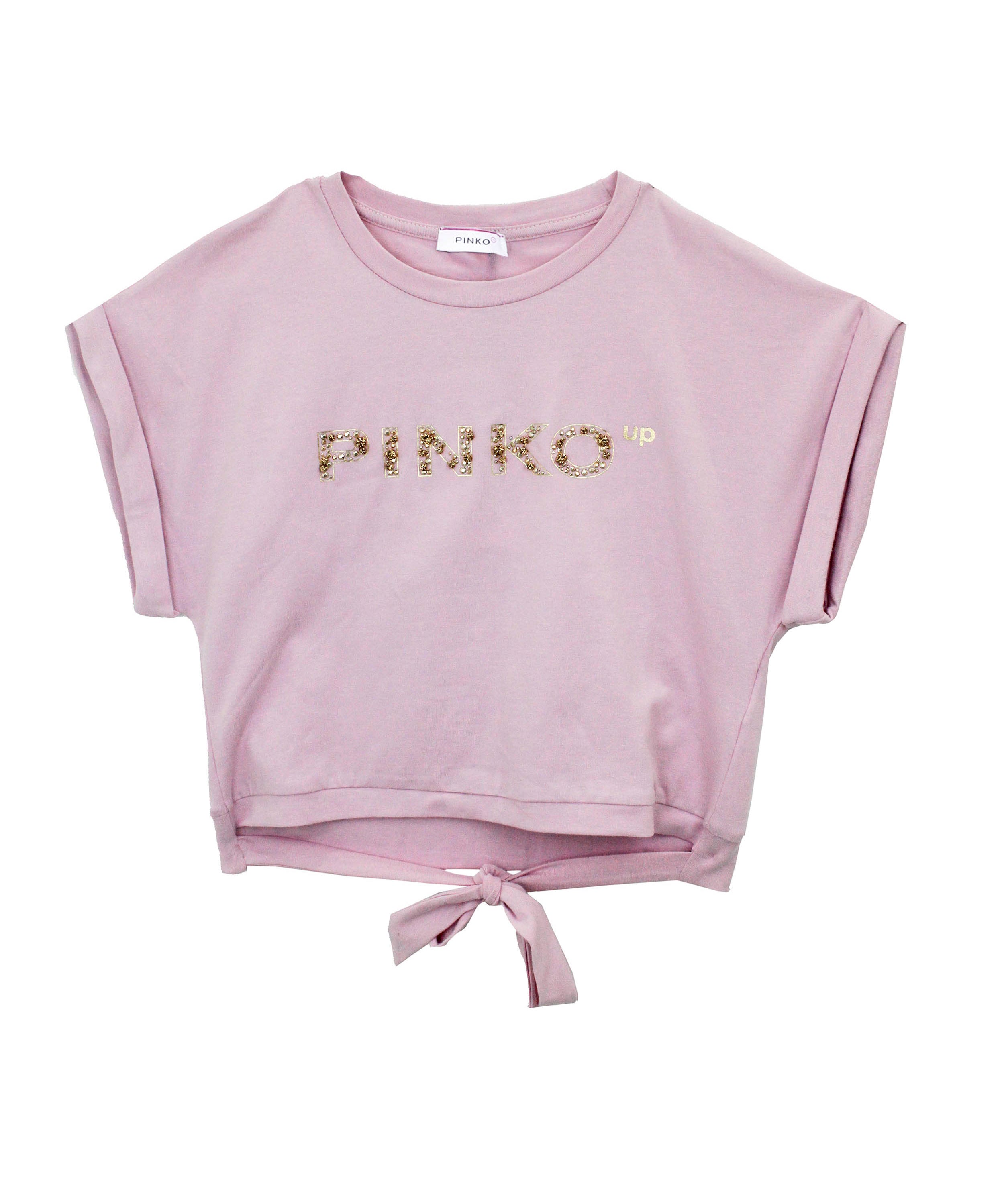 Pinko Kids T-shirt Crop Rosa con Fiocco e Strass ( fronte)