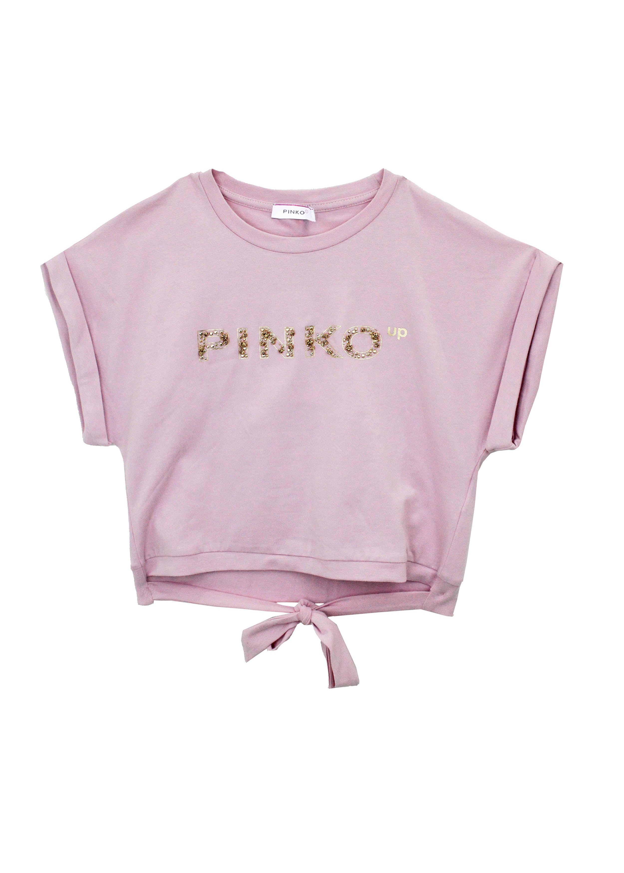 Pinko Kids T-shirt Crop Rosa con Fiocco e Strass ( fronte)