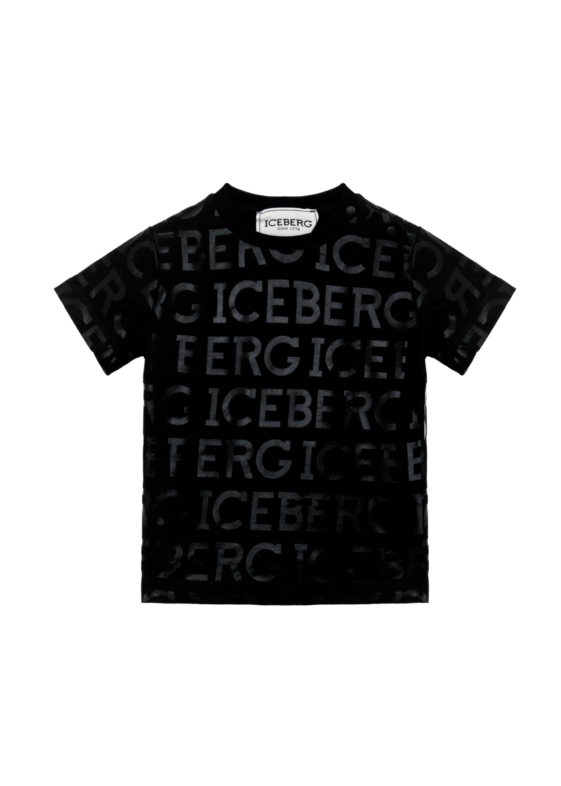 Iceberg Kids T-Shirt Nera con Logo All over per Neonati