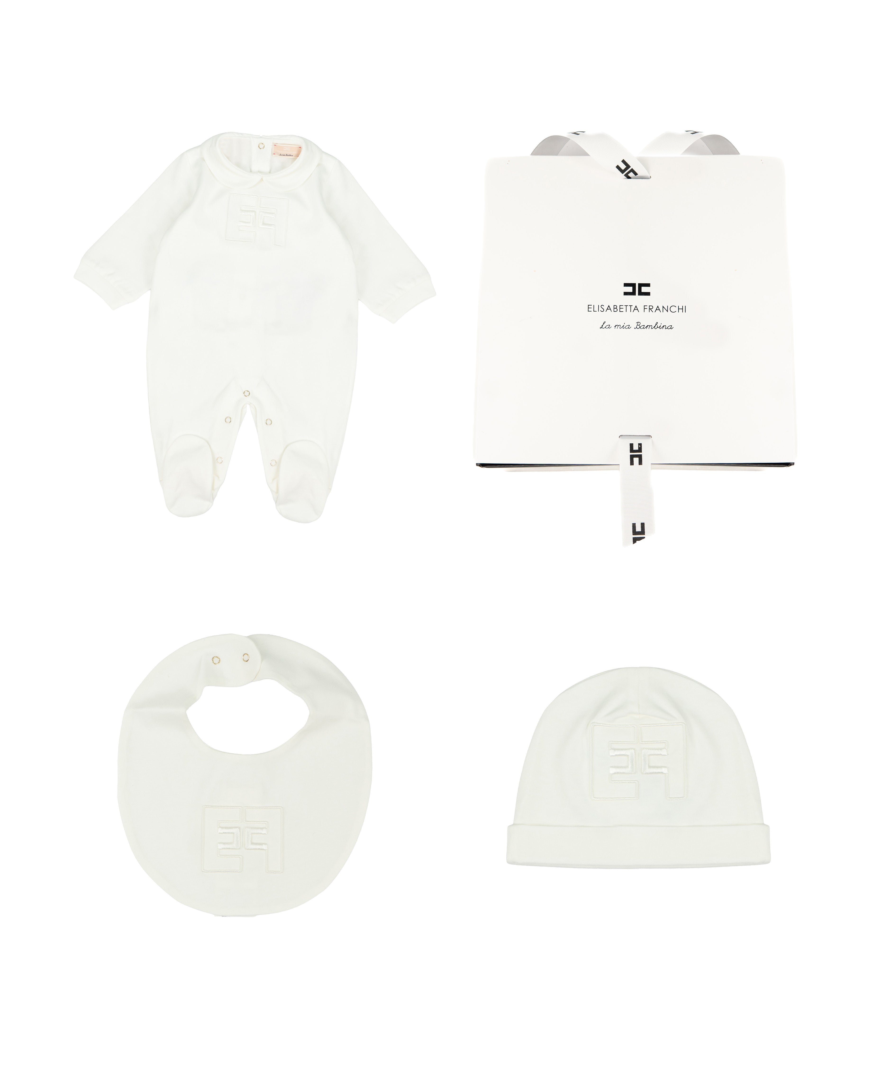 Elisabetta Franchi La Mia Bambina Kit Tutina + Bavetta e Cappello Avorio per Neonate