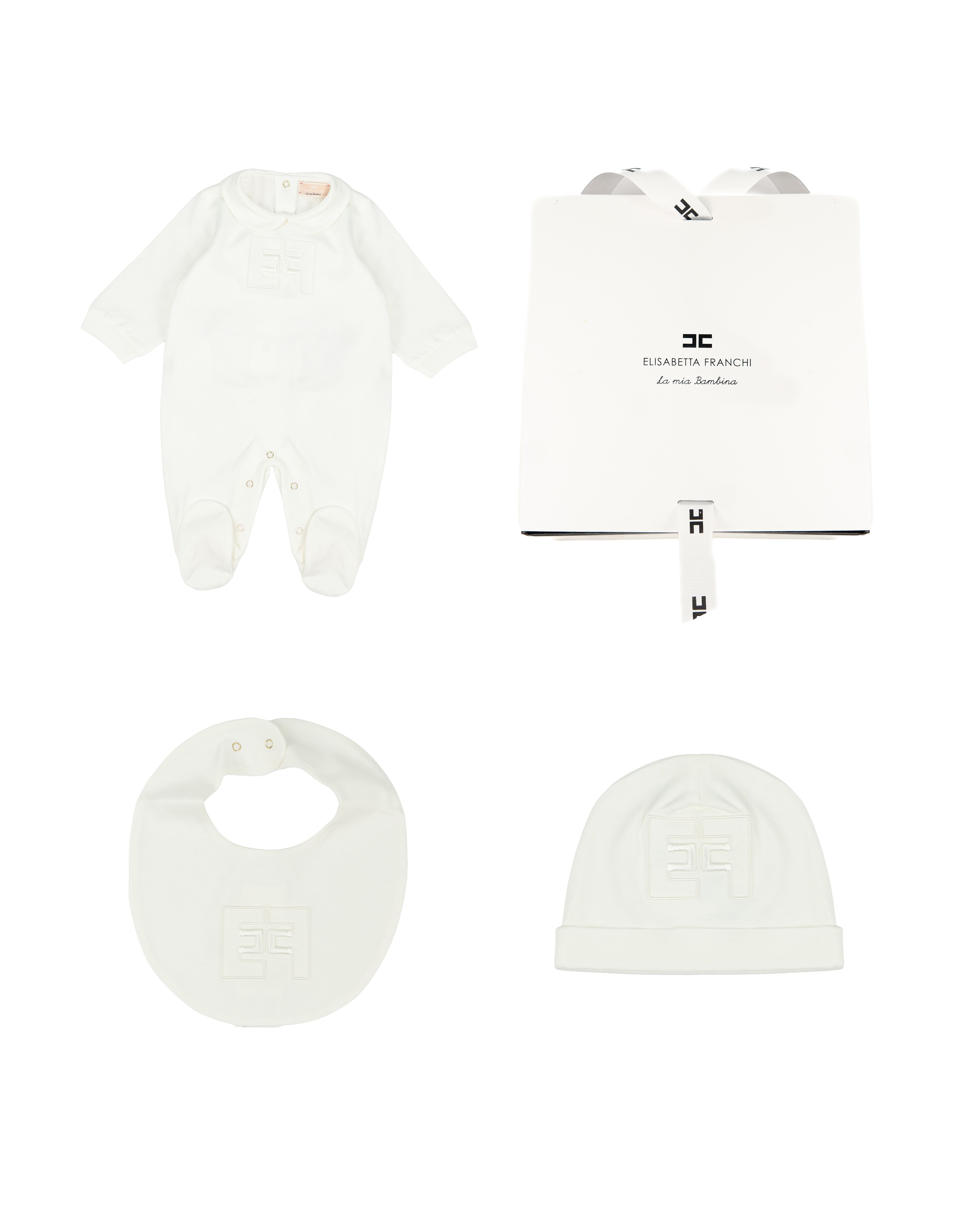 Elisabetta Franchi La Mia Bambina Kit Tutina + Bavetta e Cappello Avorio per Neonate