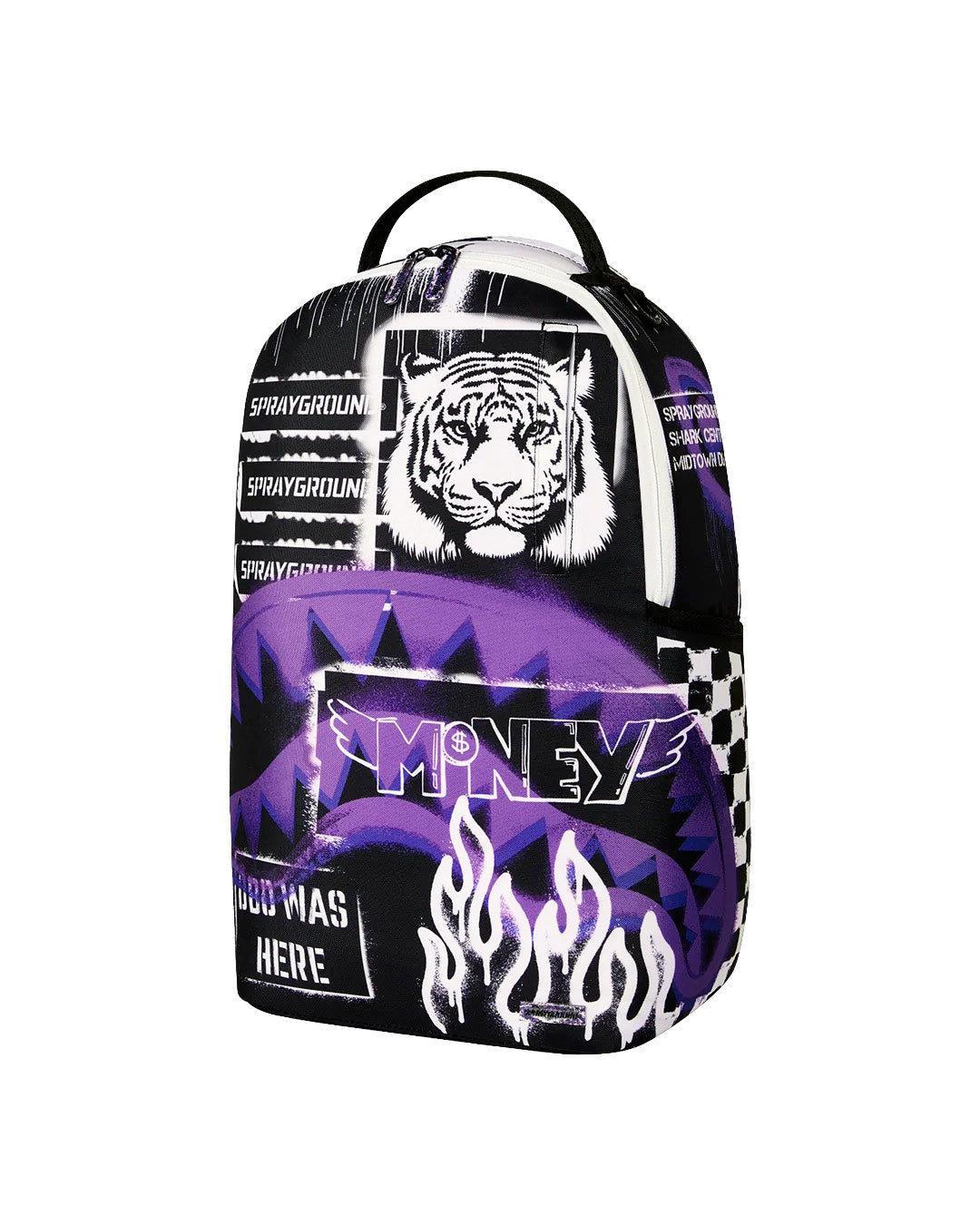 Sprayground Kids Zaino Unisex Think On It Nero e Viola con Stampa Tigre, Shark Mouth e Graffiti