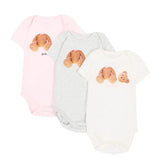 Palm Angels Kids Tripack Body Rosa Grigio e Cocco Stampa Teddy per Neonate