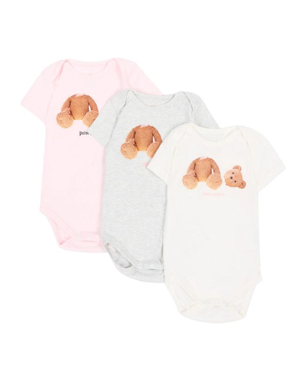 Palm Angels Kids Tripack Body Rosa Grigio e Cocco Stampa Teddy per Neonate